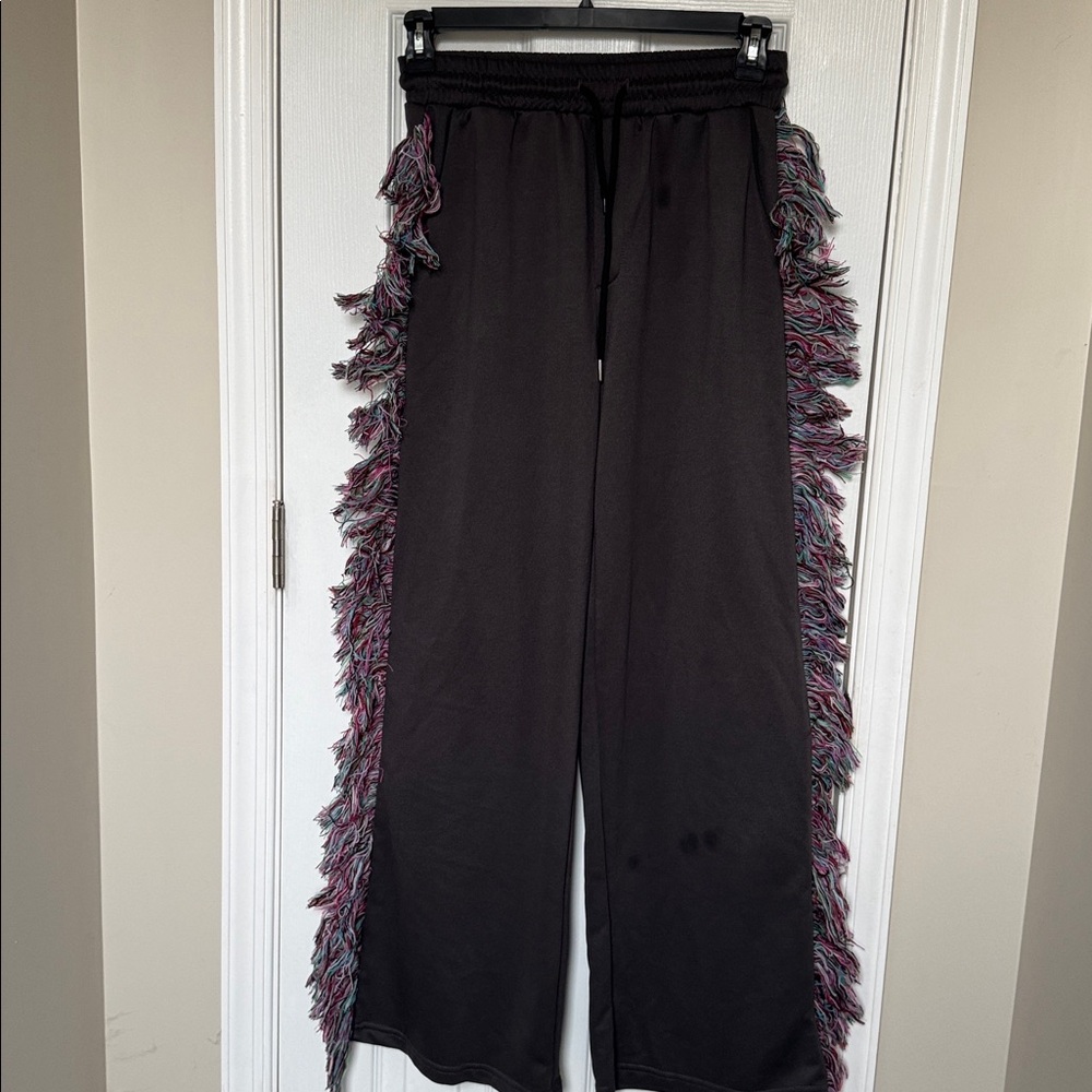 Gray Sweatpants with Colorful Fringe - Picture 3 of 4